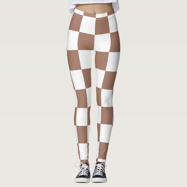 Rutiga rutor mocha brun vit geometrisk retro leggings (Framsida)