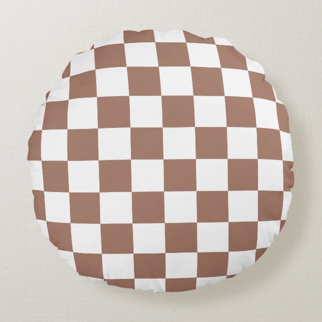 Rutiga rutor mocha brun vit geometrisk retro rund kudde (Framsidan)