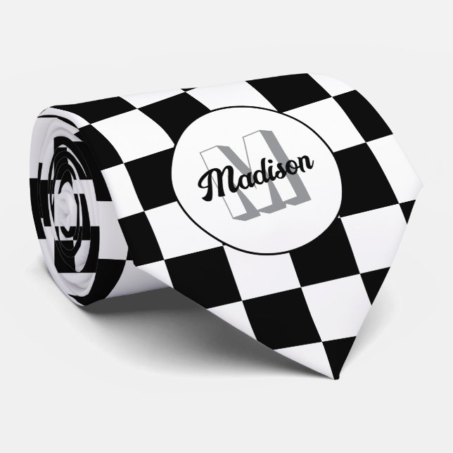 Rutiga rutor svart och vit retro monogram slips (Rullad)