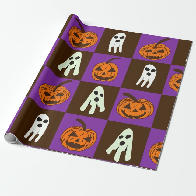 Rutiga spökliga halloweenpumpor och spöken  presentpapper (Utrullad)