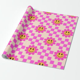 Rutiga varma rosa leende blommor med fyrkanter presentpapper