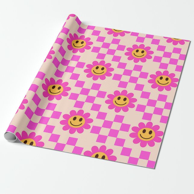 Rutiga varma rosa leende blommor med fyrkanter  presentpapper (Utrullad)