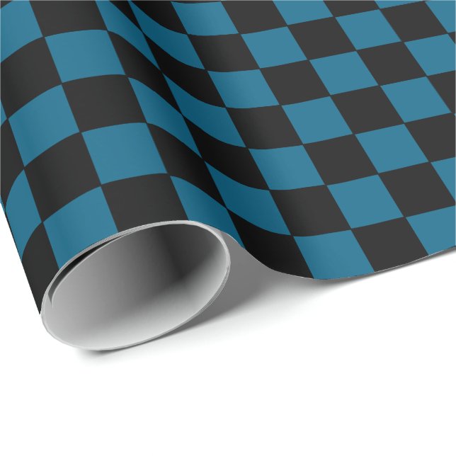 Rutigt havsblått och svart  presentpapper (Rullad Hörn)
