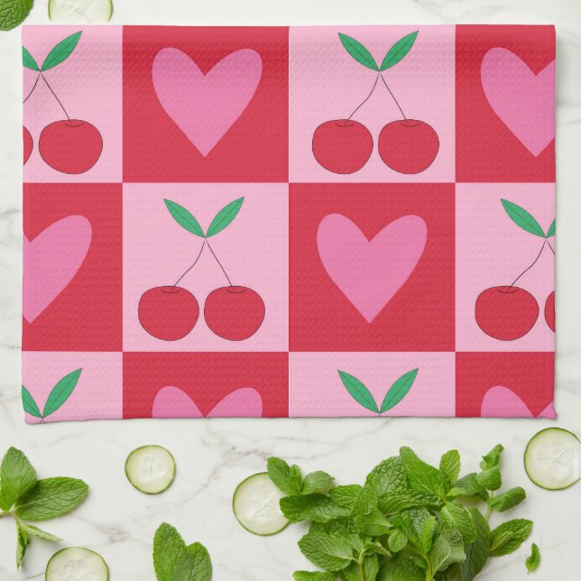 Rutigt Körsbär och Rosa Hjärtan Mönster Kökshandduk (Vikta)