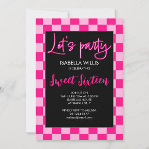 Rutigt ljus rosa retro Låt oss festa Sweet 16 Inbjudningar