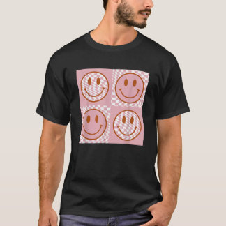 Rutigt Mönster Glad Ansikte Retro Rosa Leende Ansi T Shirt