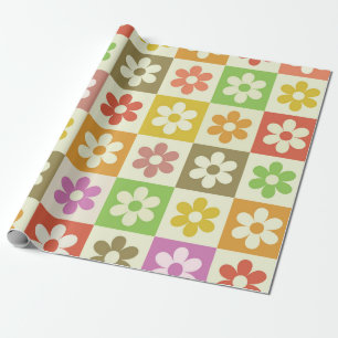 Rutigt Retro Färgglatt Blommönster Presentpapper