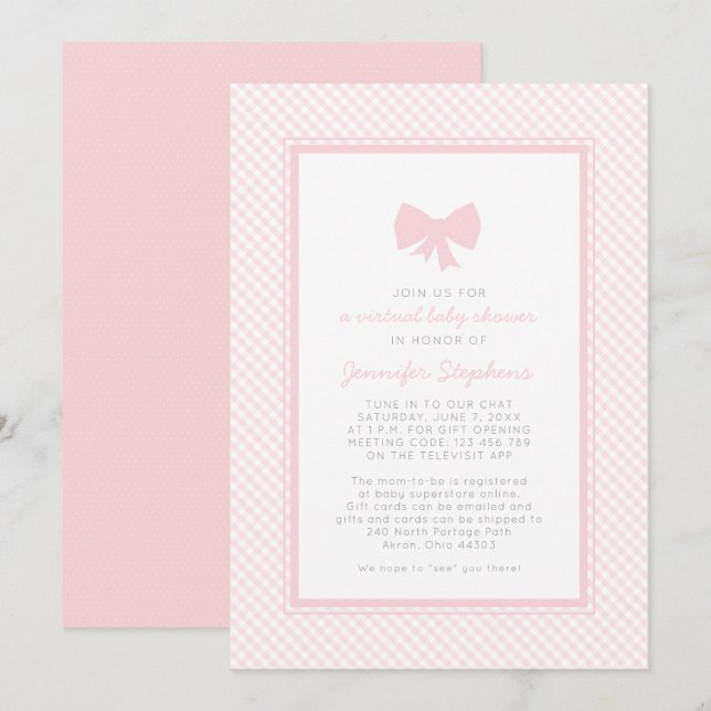 Rutigt rosa band virtuell baby shower inbjudningar (Fram/baksida)