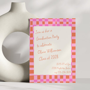 Rutigt rosa orange skript Kul examensfest Inbjudningar