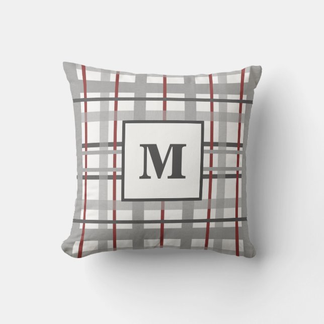 Rutigt rött grått silvermonogram kudde (Framsida)
