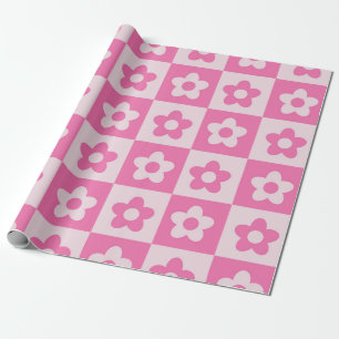 Rutigt varmt rosa och vitt retroblommönster presentpapper