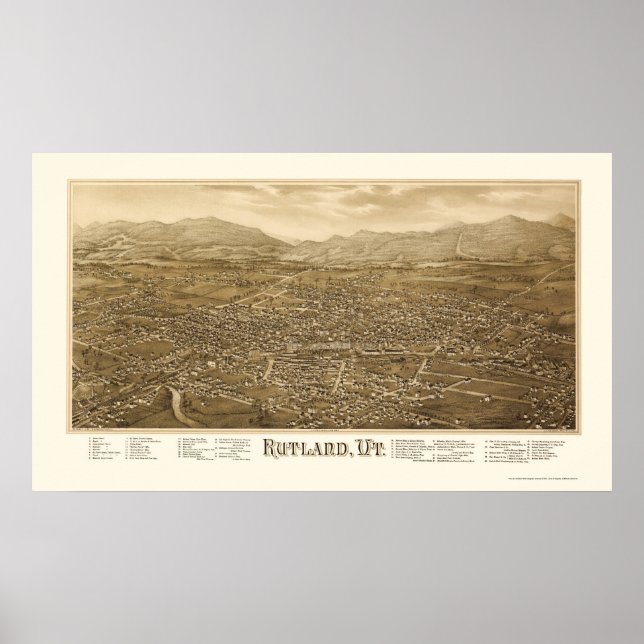 Rutland, VT Panoramic Karta - 1885 Poster (Framsidan)
