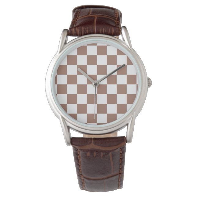 Rutmönster mocha brun vit geometrisk retro armbandsur (Framsida)
