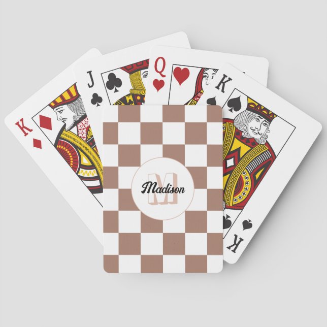 Rutmönster mocha brun vit retro Monogram Casinokort (Baksidan)