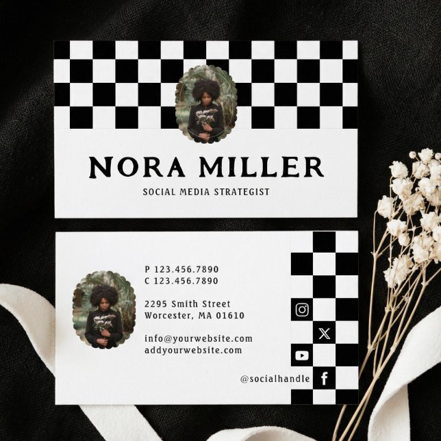Rutmönstrad Social Media Influencer Foto Visitkort (Checkered Pattern Social Media Influencer Photo Business Card)