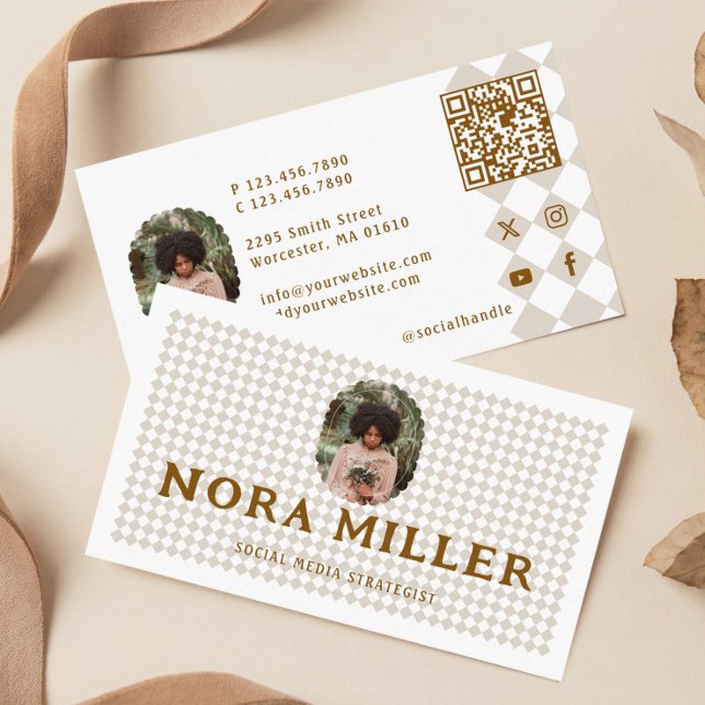 Rutmönstrad Sociala Media Influencer Foto Visitkort (Checkered Pattern Social Media Influencer Photo Business Card)