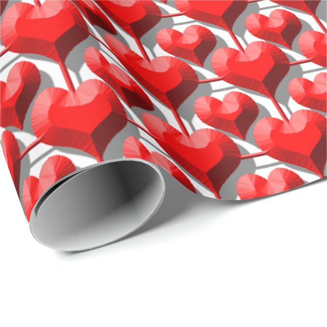 Rutnät för 3D Metallic Red Hearts Presentpapper (Rullad Hörn)