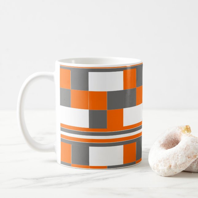 Rutor Ränder Orange Grå Vit Mönster Kaffemugg (Med munk)