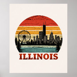 Rutt 66 Illinois Chicago Skyline Retro Randig Sol Poster