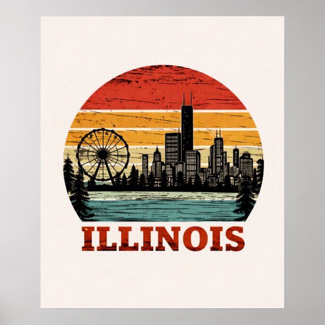 Rutt 66 Illinois Chicago Skyline Retro Randig Sol Poster (Framsidan)