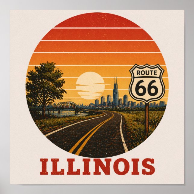 Rutt 66 Illinois Chicago Solnedgång Siluett Poster (Framsidan)