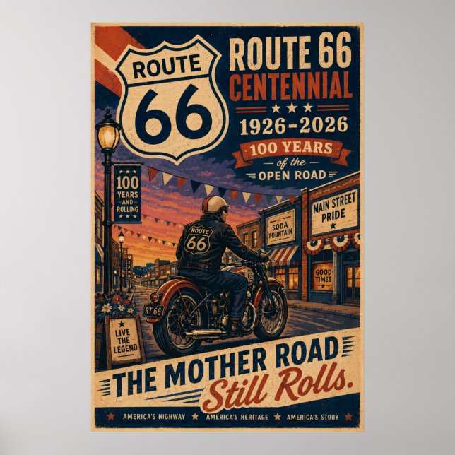 Rutt 66 Main Street Motorcykel Centennial Art Poster (Framsidan)