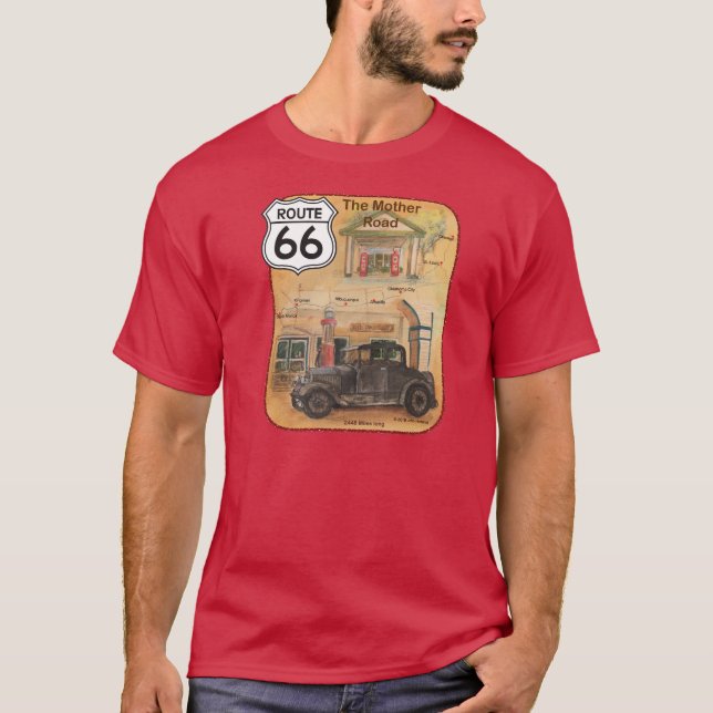 Rutt 66 med den gammala bilen och bensinstationar t shirt (Framsida)