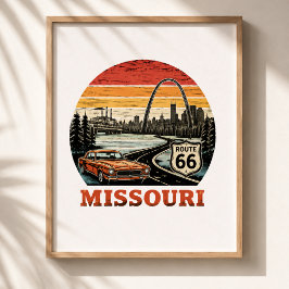 Rutt 66 Missouri Gateway Arch Retro Randig Solnedg Poster