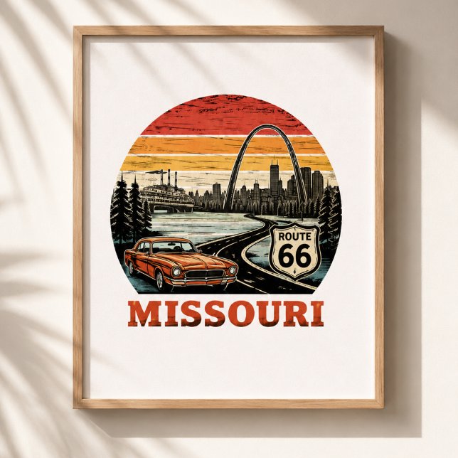 Rutt 66 Missouri Gateway Arch Retro Randig Solnedg Poster (Skapare uppladdad)
