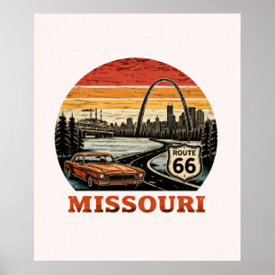Rutt 66 Missouri Gateway Arch Retro Randig Solnedg Poster