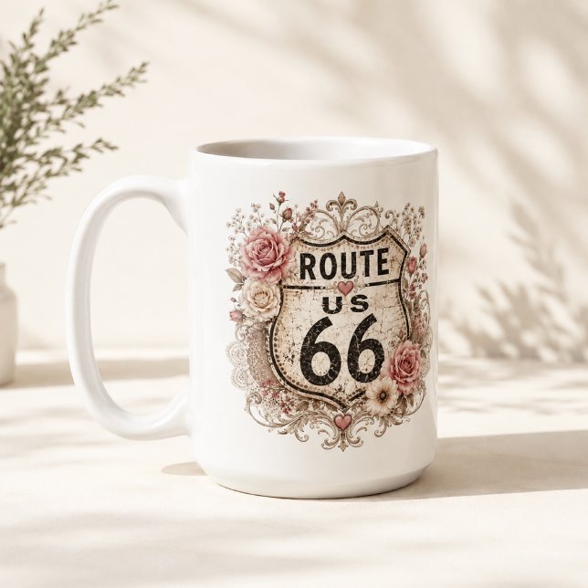 Rutt 66 Rosa Blommig Morgonbilresa Kaffemugg (Skapare uppladdad)