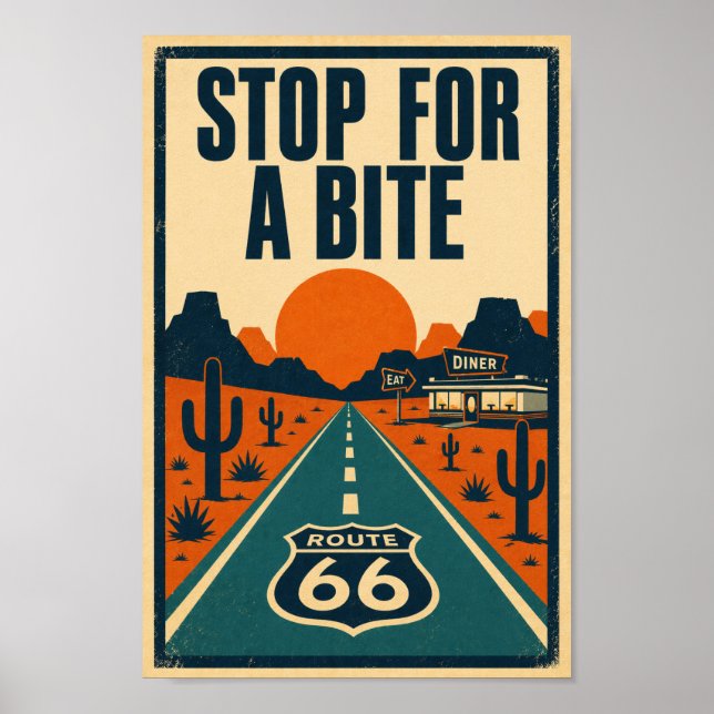 Rutt 66 Stoppa För En Bit Desert Diner Litho Poster (Framsidan)