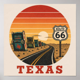 Rutt 66 Texas Cadillac Öken Solnedgång Poster