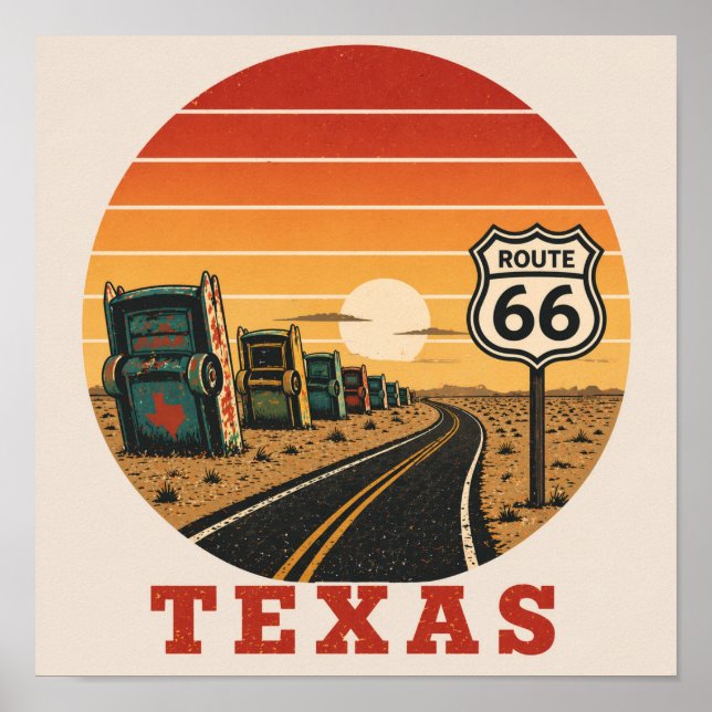 Rutt 66 Texas Cadillac Öken Solnedgång Poster (Framsidan)