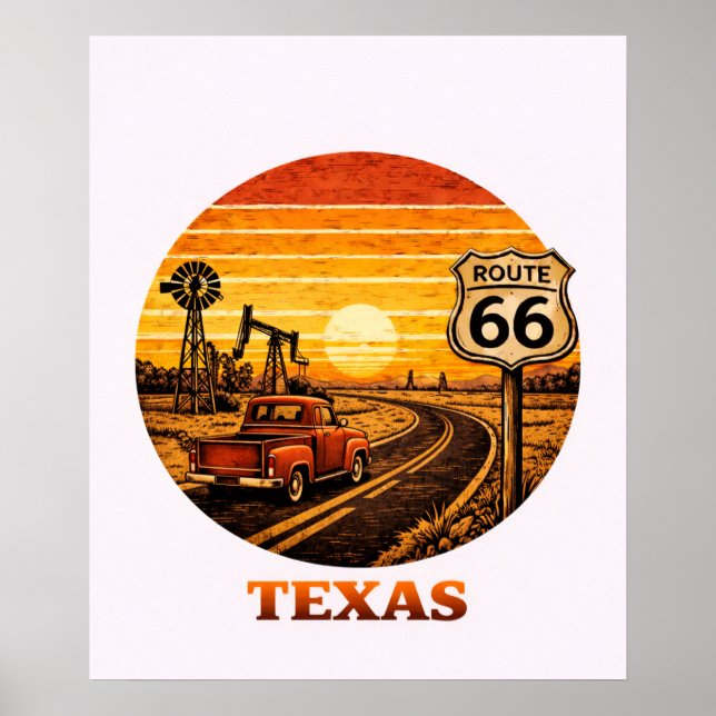 Rutt 66 Texas Oljefält Solnedgång Retroaffisch Poster (Framsidan)