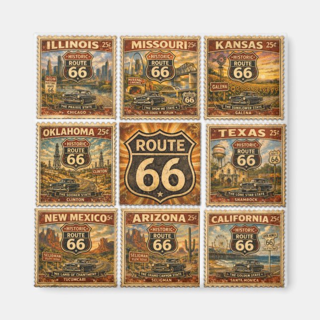 Rutt 66 Vintage Americana Statens Stämpel Collage Magnet (Framsidan)