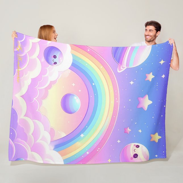 Rutt utrymmesregnbågsdesign - Kawaii Planets & Sta Fleecefilt (På plats)