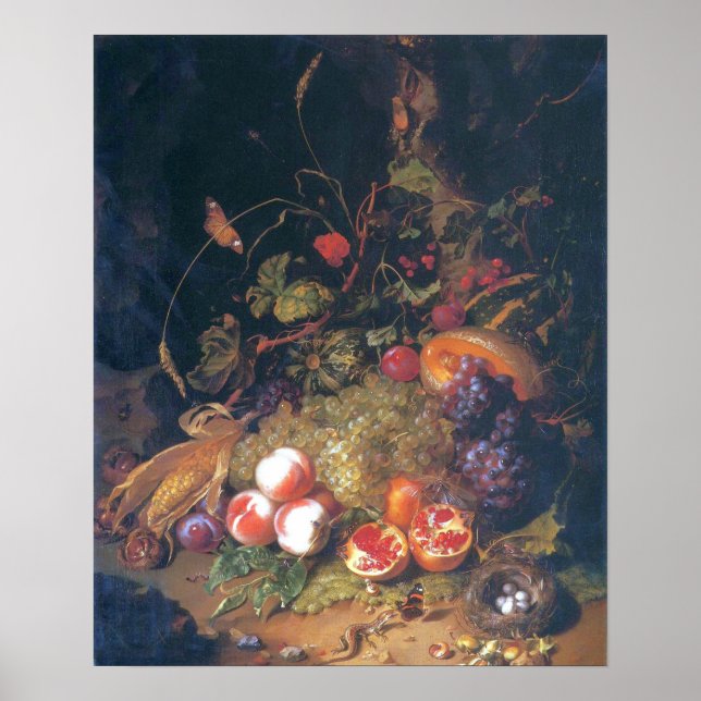 Ruysch - fortfarande ett liv med frukt, ett bo, öd poster (Framsidan)