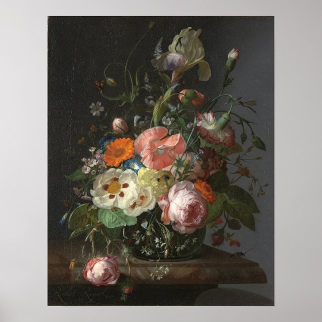 Ruysch - fortfarande liv med blommor på en marbel  poster (Framsidan)
