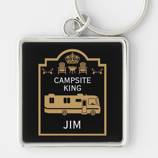 RV Camping Kung USA Fyrkantig Silverfärgad Nyckelring (Framsidan)