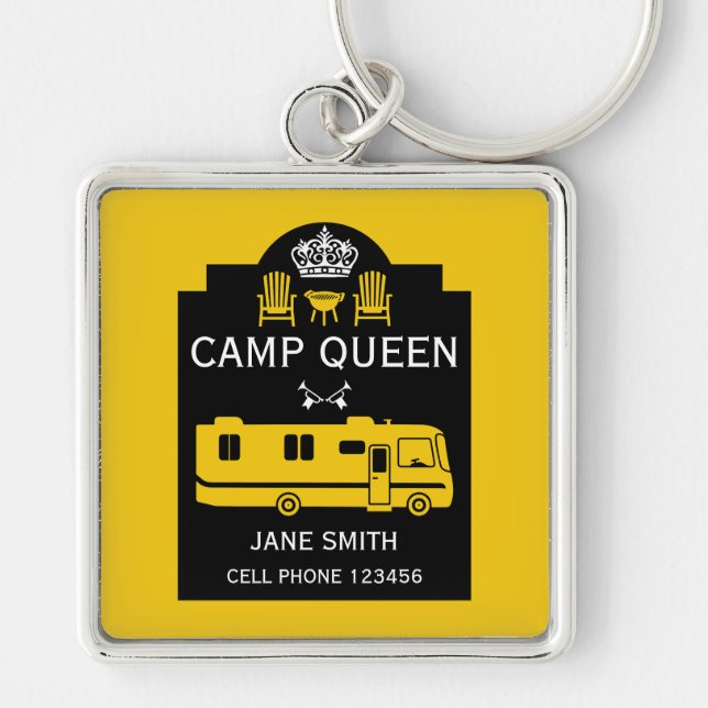 RV Camping Queen USA Fyrkantig Silverfärgad Nyckelring (Framsidan)
