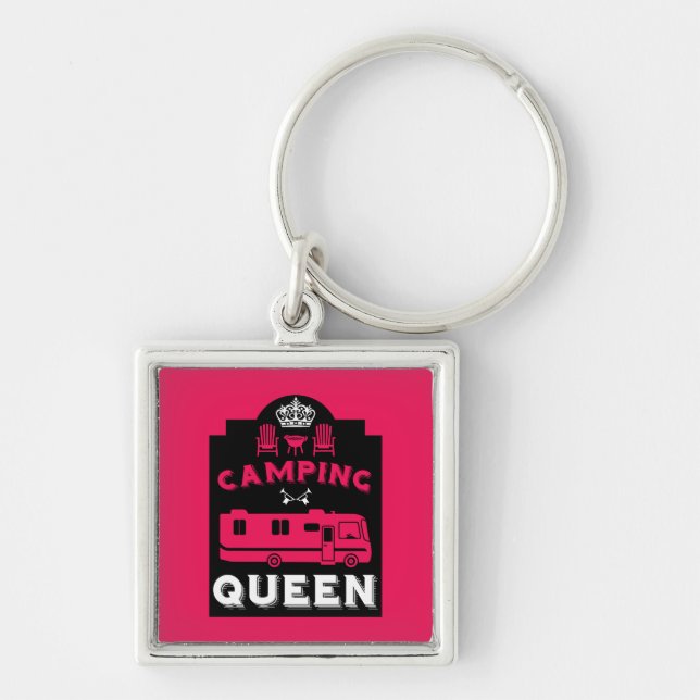 RV Camping Queen USA Fyrkantig Silverfärgad Nyckelring (Framsidan)