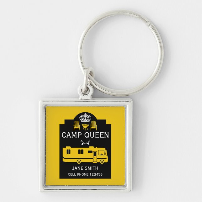 RV Camping Queen USA Fyrkantig Silverfärgad Nyckelring (Framsidan)