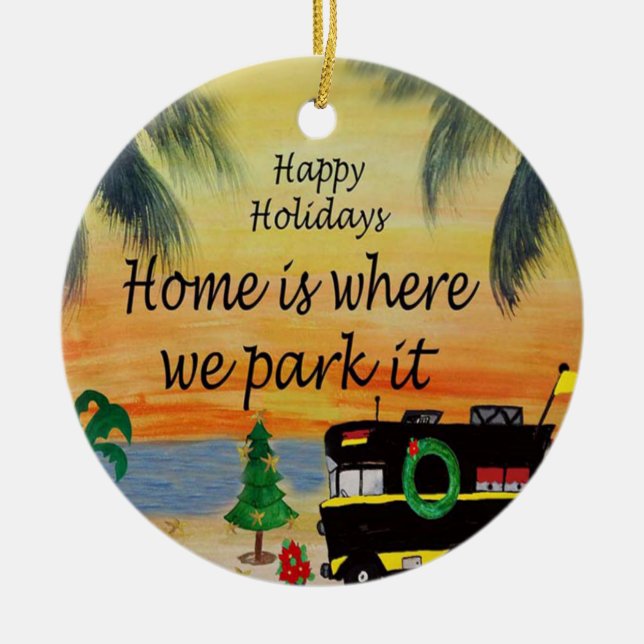 RV Julkamper i solnedgång från min konst Julgransprydnad Keramik (Framsidan)