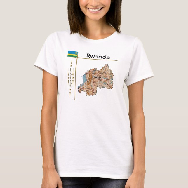 Rwanda-karta + flagga + titel T-shirt (Framsida)