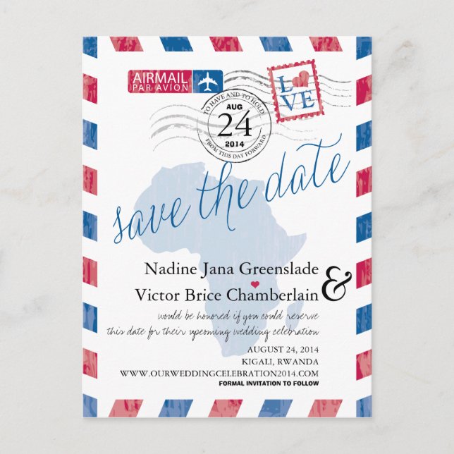 Rwanda Sydafrika Flygpost Bröllop Spara Datum Meddelande Vykort (Framsida)