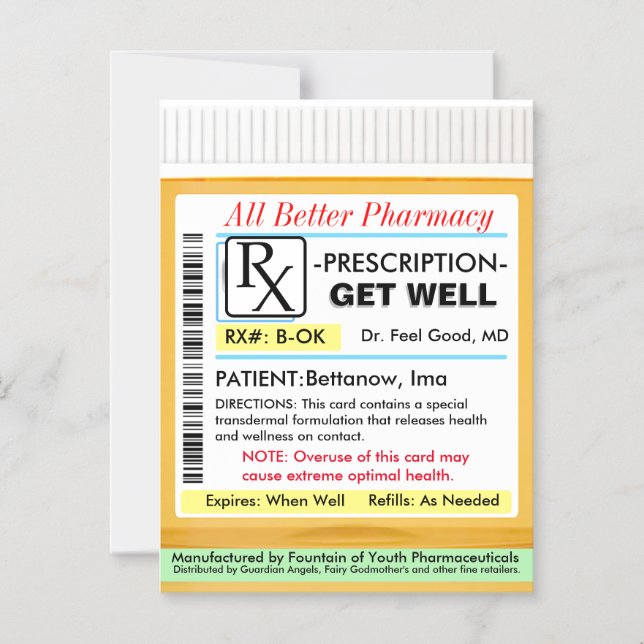 RX Prescription for Health Get Well Card Magnetisk Inbjudningskort (Framsida)