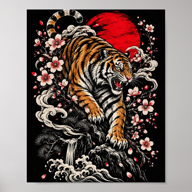 Ryande Tiger Sakura Japansk Poster (Framsidan)