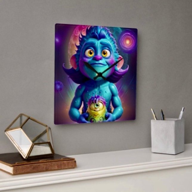 Rymd Alien & Vän Fyrkantig Klocka (Wall Clock backside hanging slot  non-ticking design. 2 sizes: 8" diameter or 10.75" diameter.
)