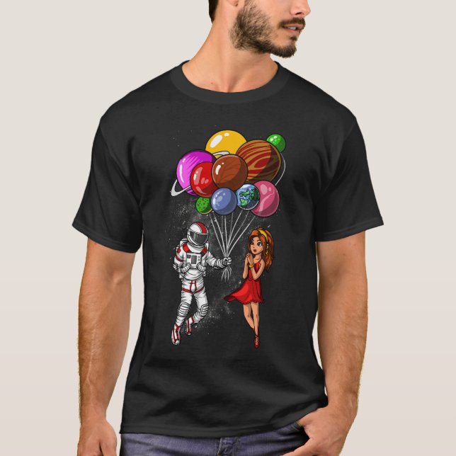 Rymd Astronaut Planeter Ballonger T Shirt (Framsida)